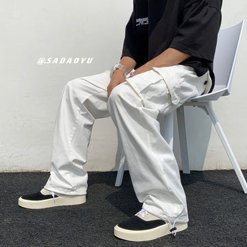 Black/white Casual Pants Men's Fashion Loose Straight Wide Leg Pants Men Streetwear Hip-hop Pocket Cargo Pants Mens Trousers aidase-shop